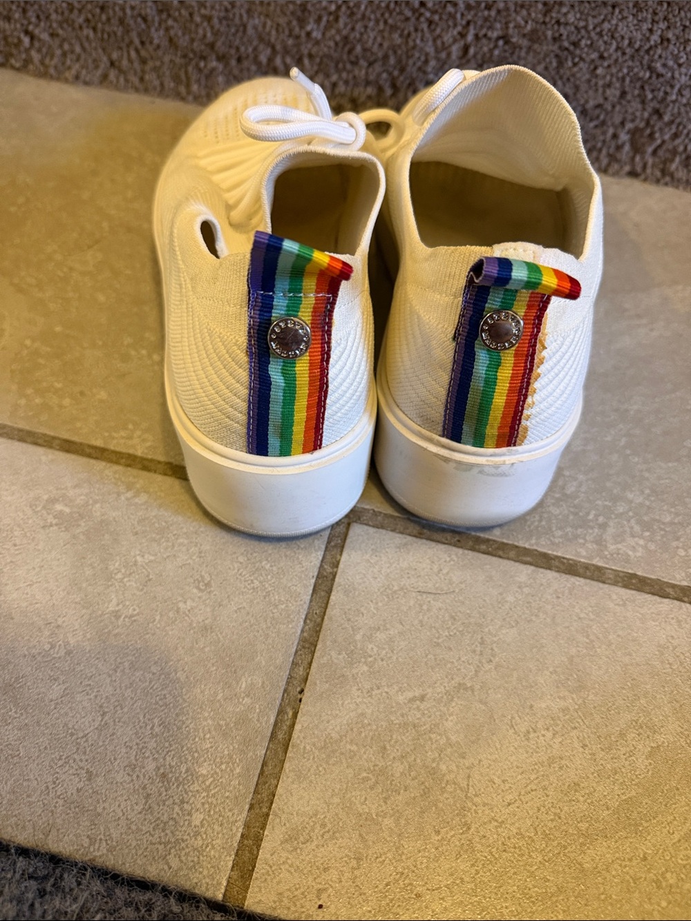 Steve Madden White Knit Lace-Up Sneakers with Rainbow Heel Tab